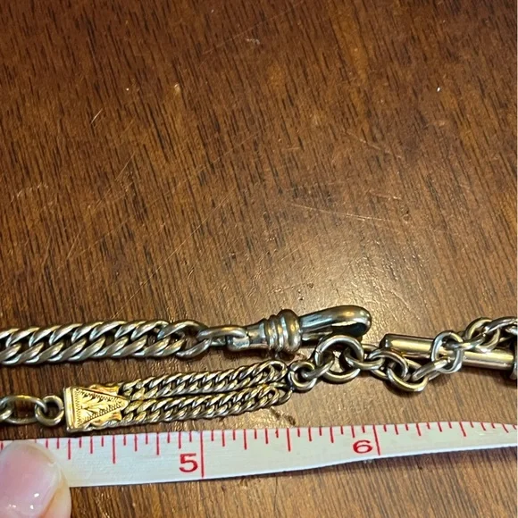 28.46 Gram Gold Filled Albert Chain with Dog Clip, T-Bar and Slide Charm- Flaw - Picture 8 of 17